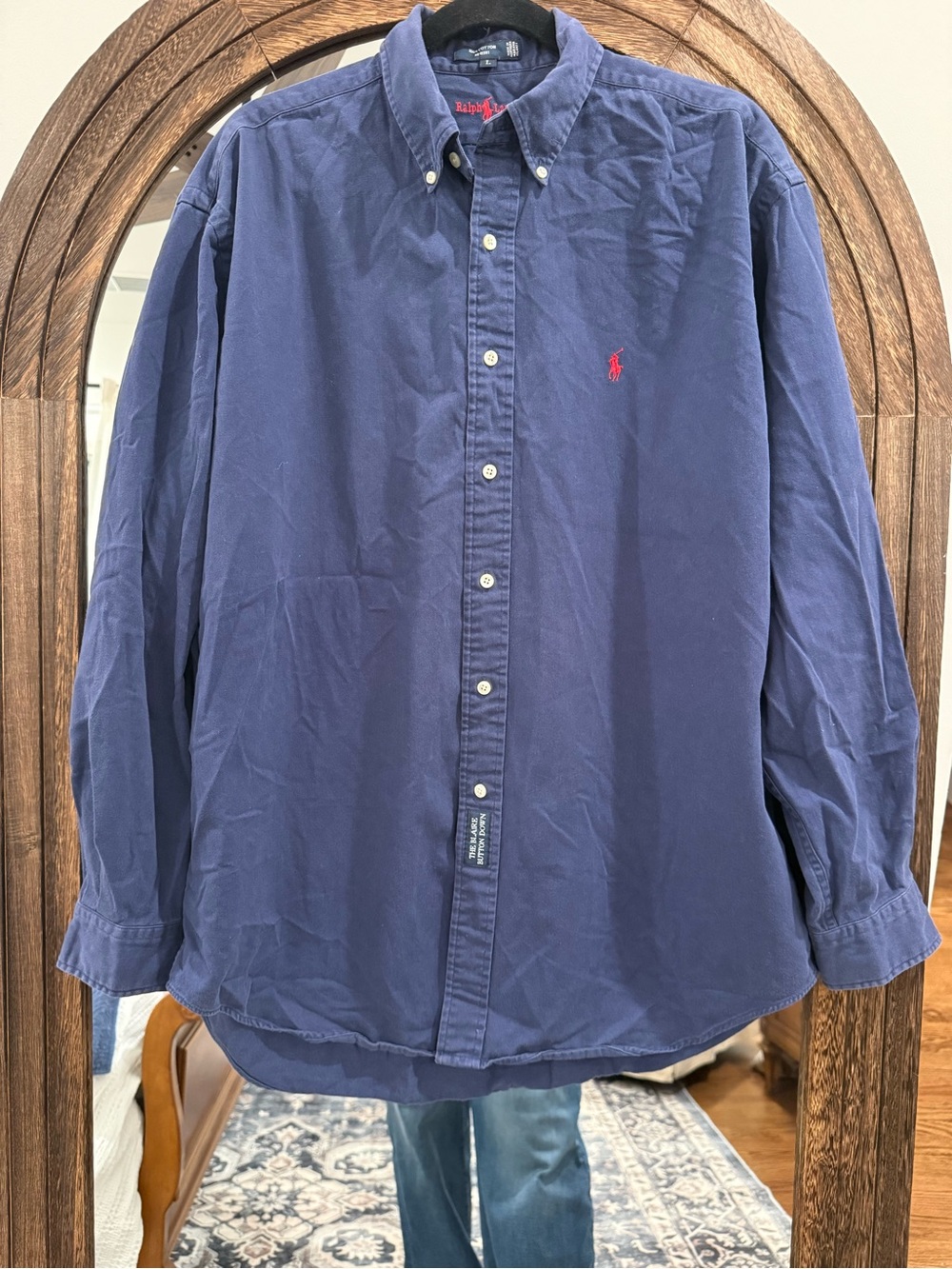 Ralph Lauren Navy Blue Button-Down Shirt with Red Polo Logo